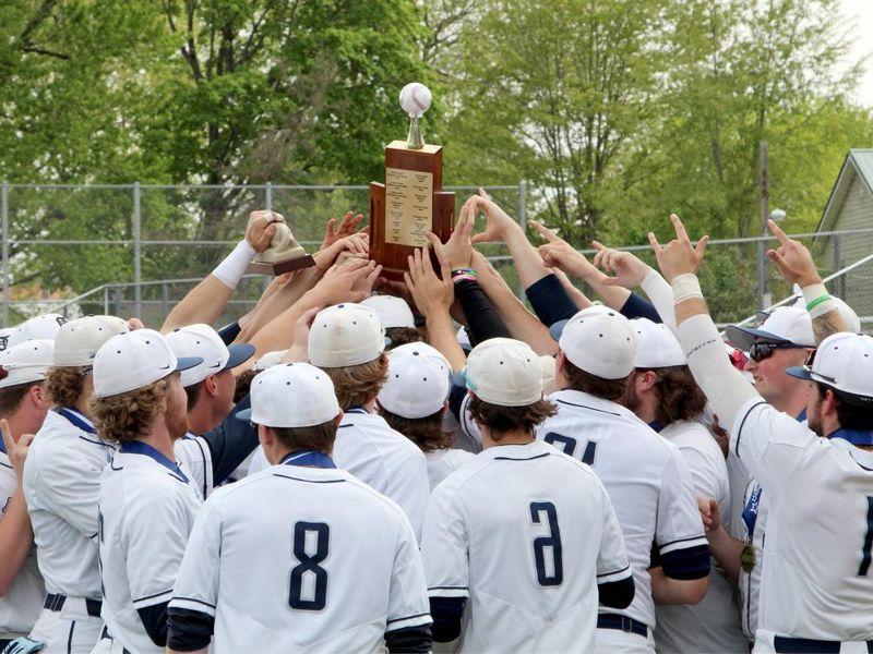 The Penn State DuBois baseball team lifts the PSUAC trophy after securing the conference title for the second year in a row.