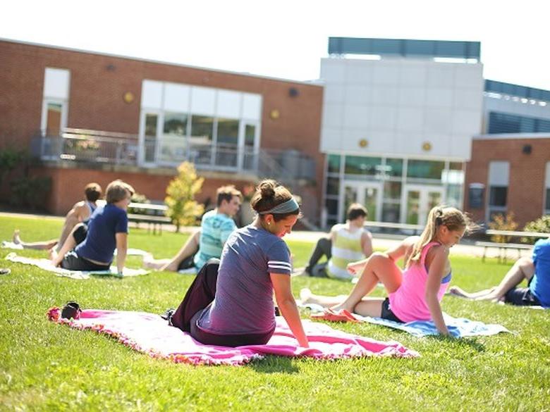 yoga class in courtyard